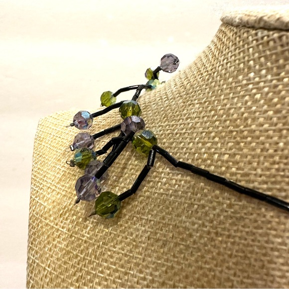 Glass Crystal bead necklace marked DOL, Black bead chain, green & blue crystals - Picture 10 of 14